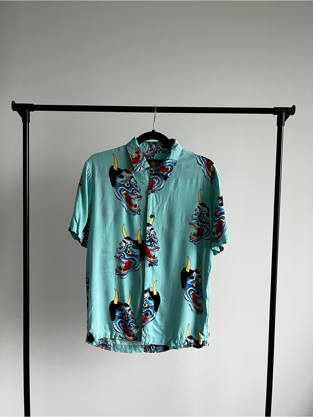 Ed Hardy Devil Face Button Down Camp Shirt Aqua